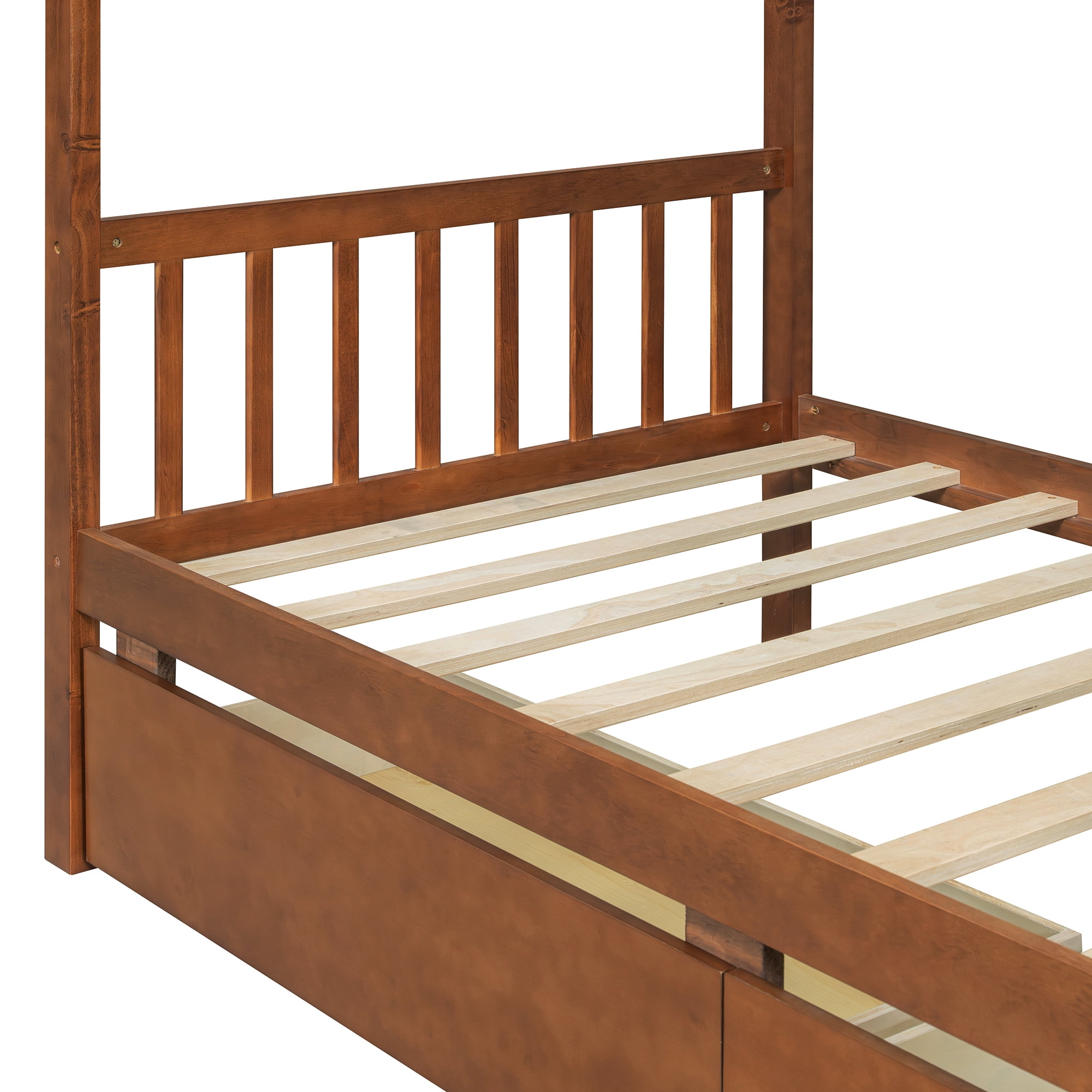 Aukfa Twin Size House Bed with Two Storage Drawers for Kids, Solid Wood Montessori Bed Frame, Walnut