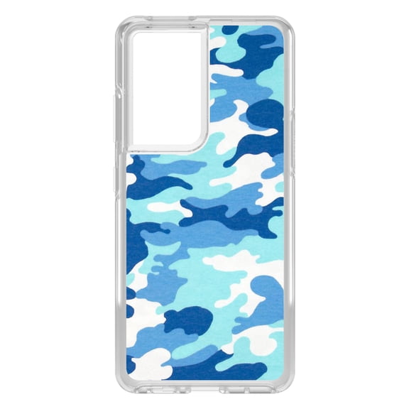 DistinctInk Clear Shockproof Hybrid Case for Galaxy S21 ULTRA 5G (6.8" Screen) - TPU Bumper, Acrylic Back, Tempered Glass Screen Protector - Blue White Camouflage - Camouflage Pattern