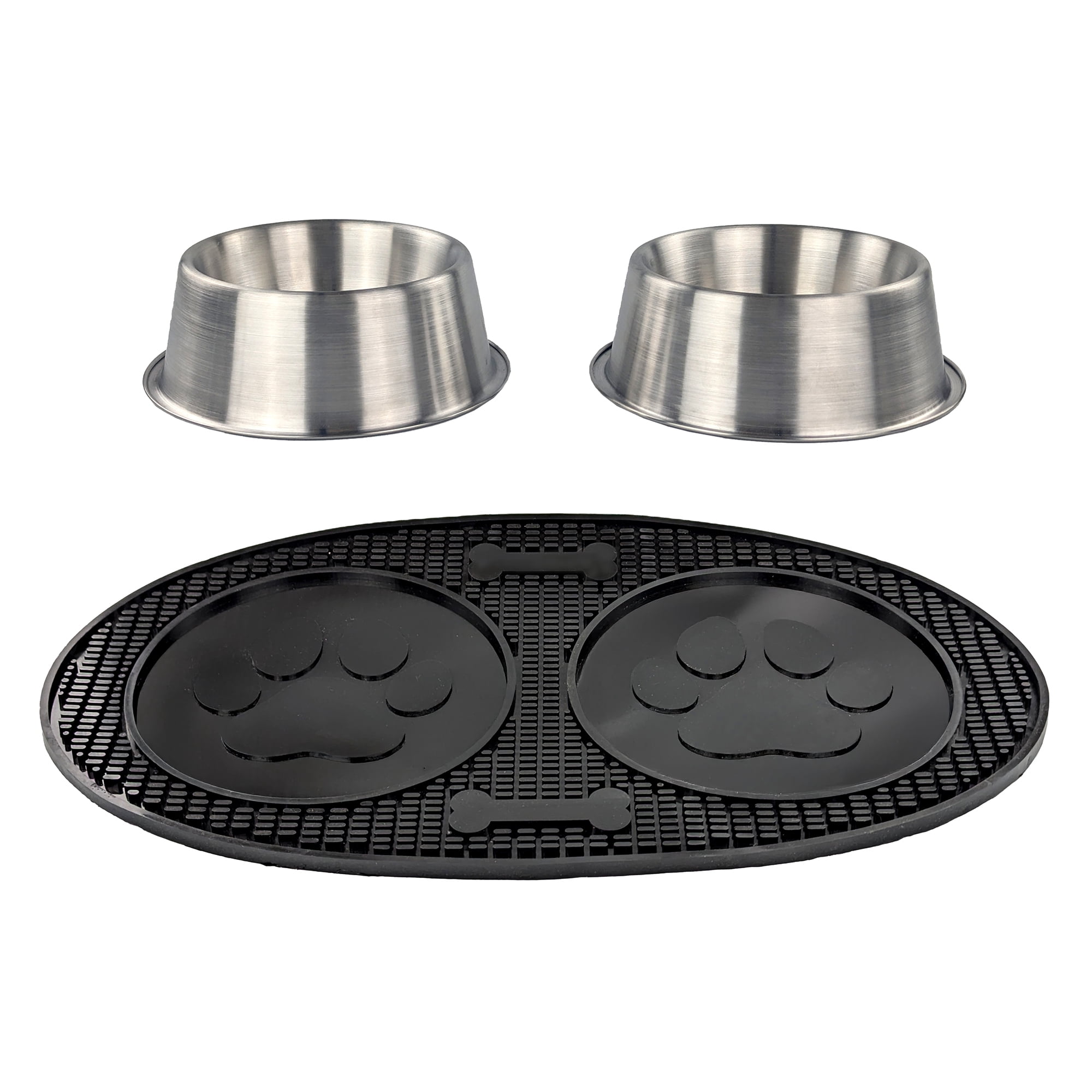 BREKX Metal Dog Bowls Set with Spill Mat for Dogs