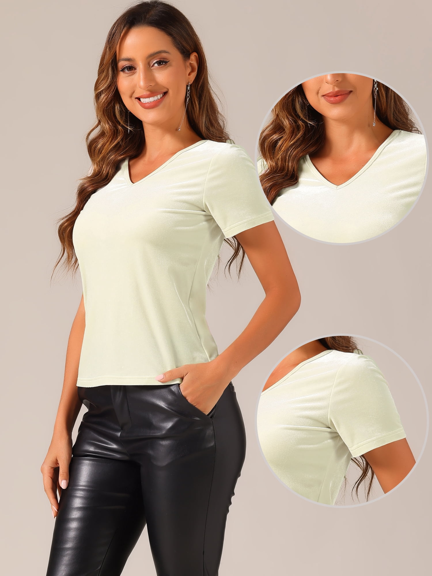 DARING DIVA Women's Velvet Top Short Sleeve Casual T-Shirt S Beige
