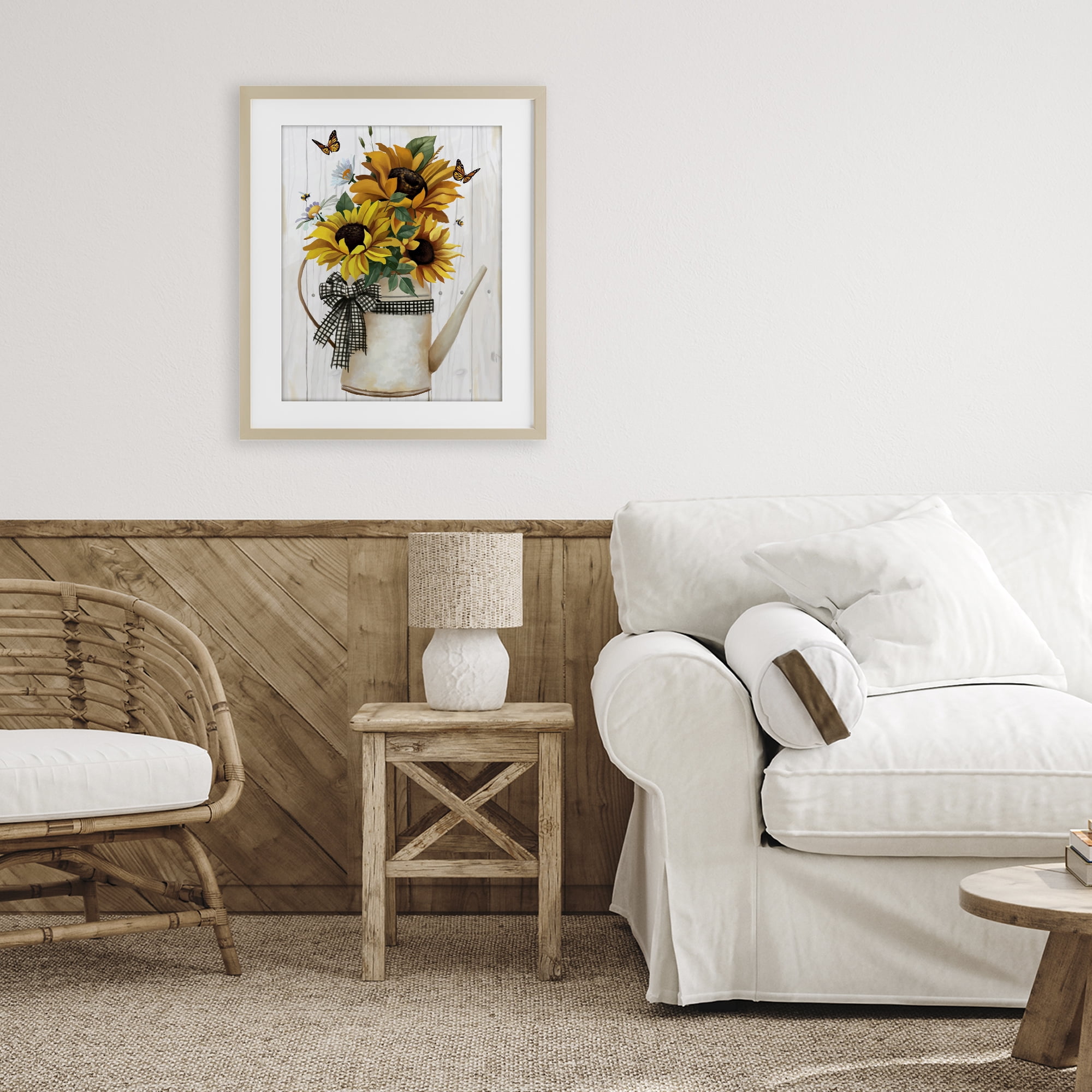 Stupell Industries Sunflower Trio in Watering Can Birch Framed Print Under Glass, design by Lucca Sheppard