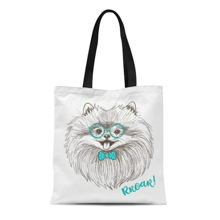 ASHLEIGH Canvas Tote Bag Sketch of Cute Little Pomeranian Bow and Round Glasses Durable Reusable Shopping Shoulder Grocery Bag