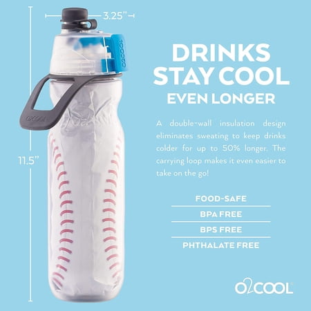 O2COOL Mist 'N Sip Misting Water Bottle 2-in-1 Mist And Sip Function With No Leak Pull Top Spout Reusable Sports Water Bottle - 20 oz - Baseball