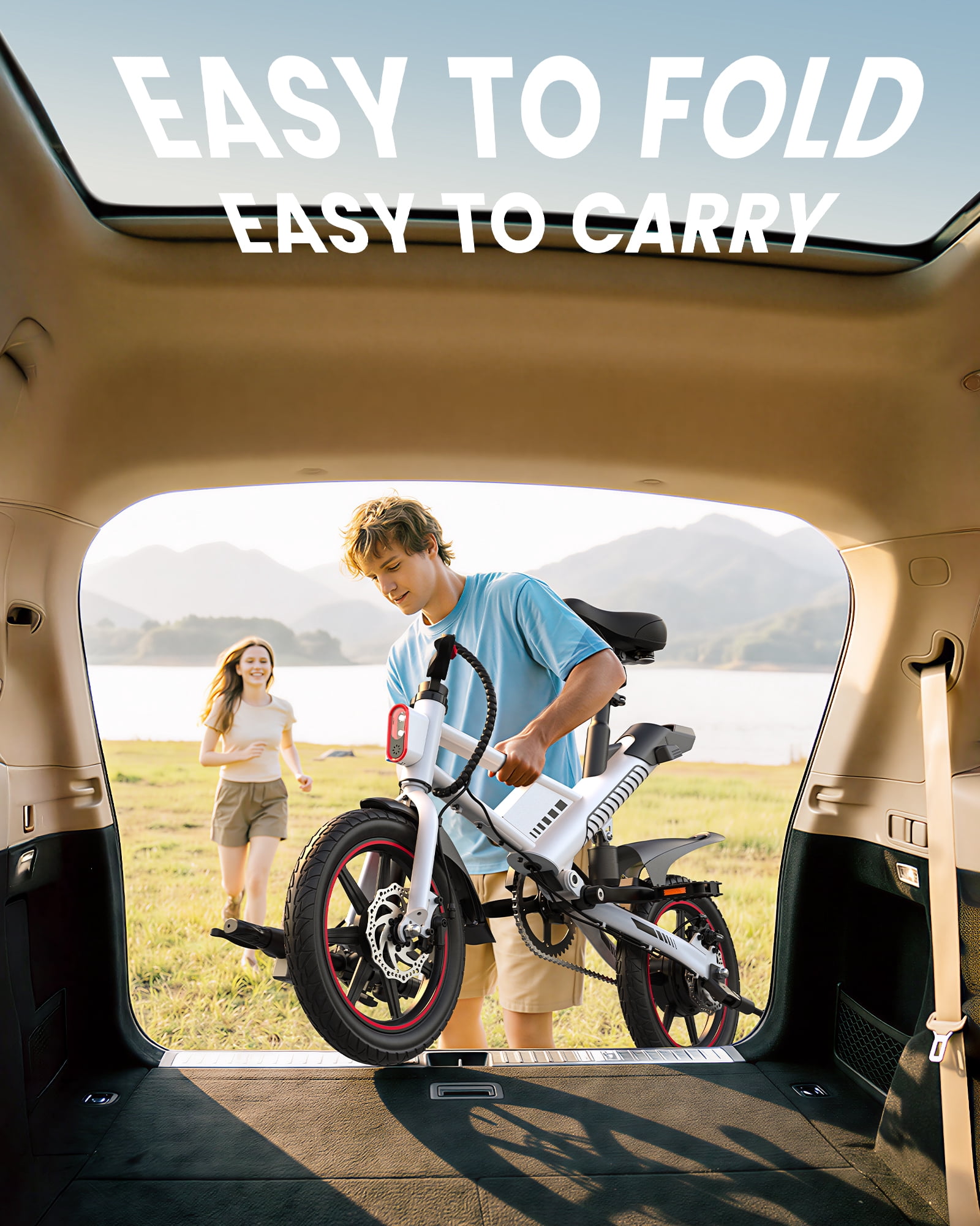 MIHOVER 14" Folding Electric Bike for Adults, 700W Peak Motor with 36V/7.8Ah Battery, LED Display & Free Phone Holder & Steel Cable Lock,18.6 MPH Commuter City Ebike, UL2849-White