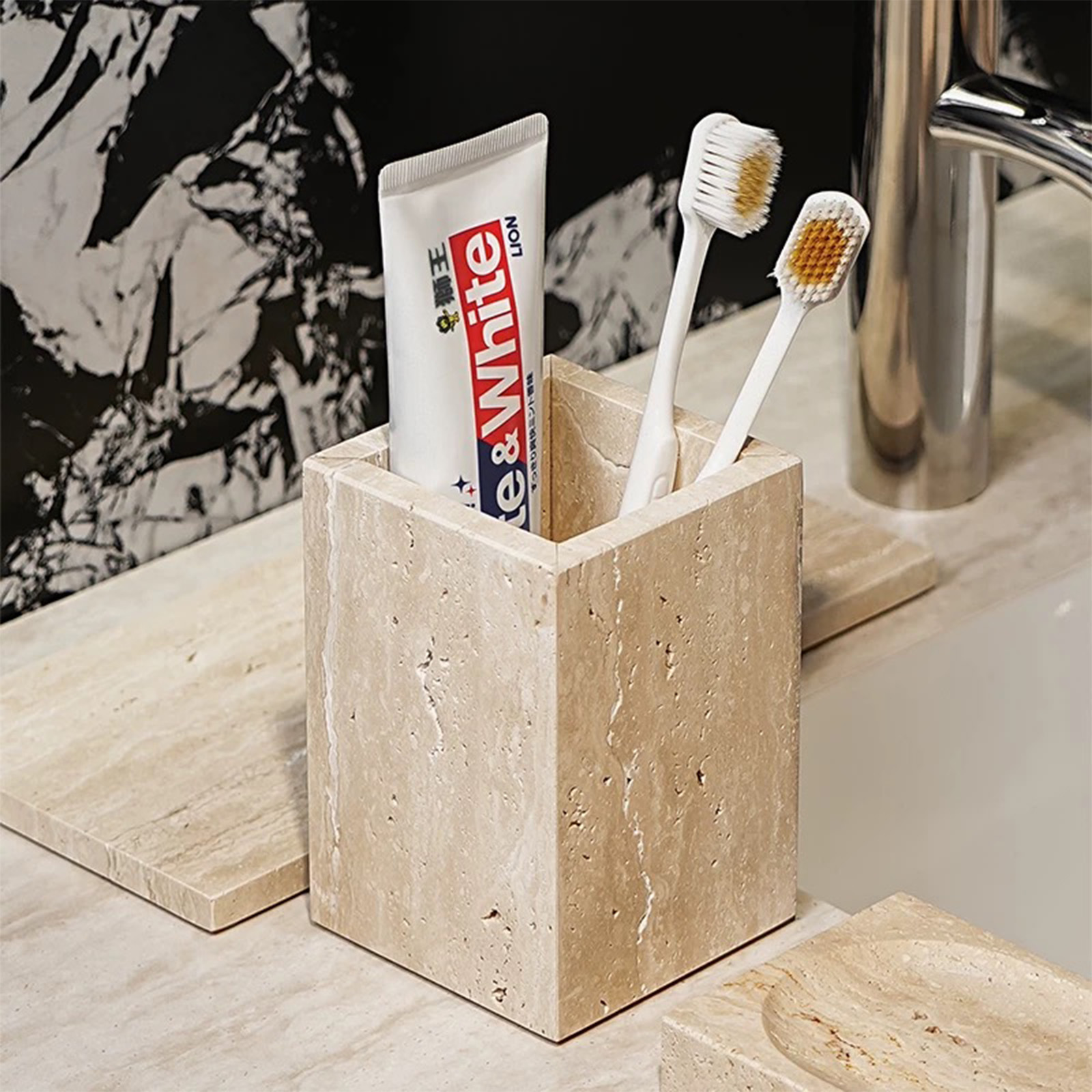 Calacatta Viola Marble Pen Holder, Natural Stone Desk Organizer with Non-Slip Base for Makeup Brushes, Makeup Organizer, Office Supplies Storage, Elegant Desktop Vanity Tray for Home Bathroom