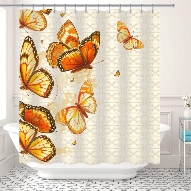 Rideau de Douche Papillon Vibrant - Crème avec Design Orange & Jaune