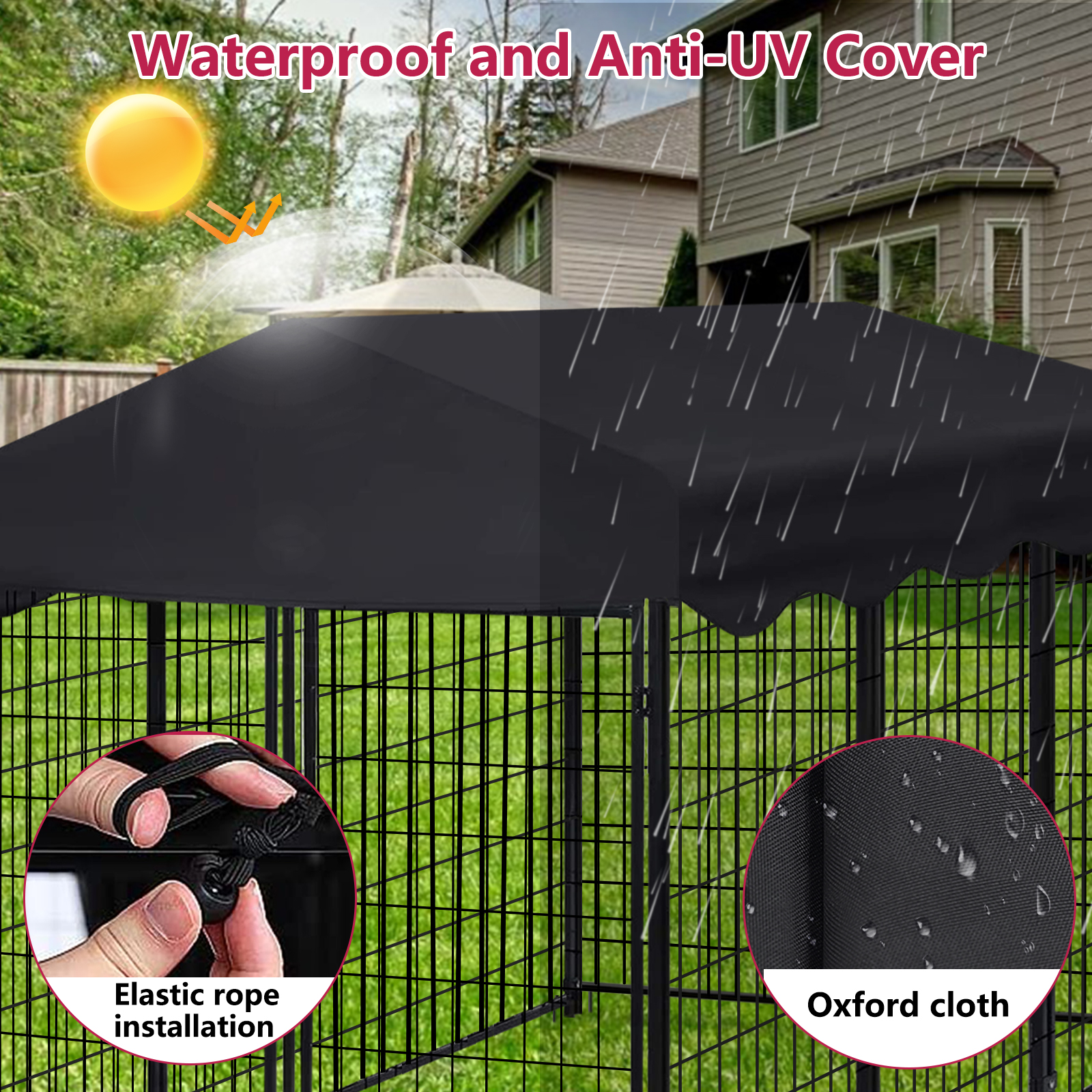 Jhsomdr Outdoor Dog Kennel 6.2ft x 4ft x 4.5ft Heavy Duty Large Wire Dog Fence Outside Dog Playpen with UV-Resistant Oxford Cloth Roof & Secure Lock