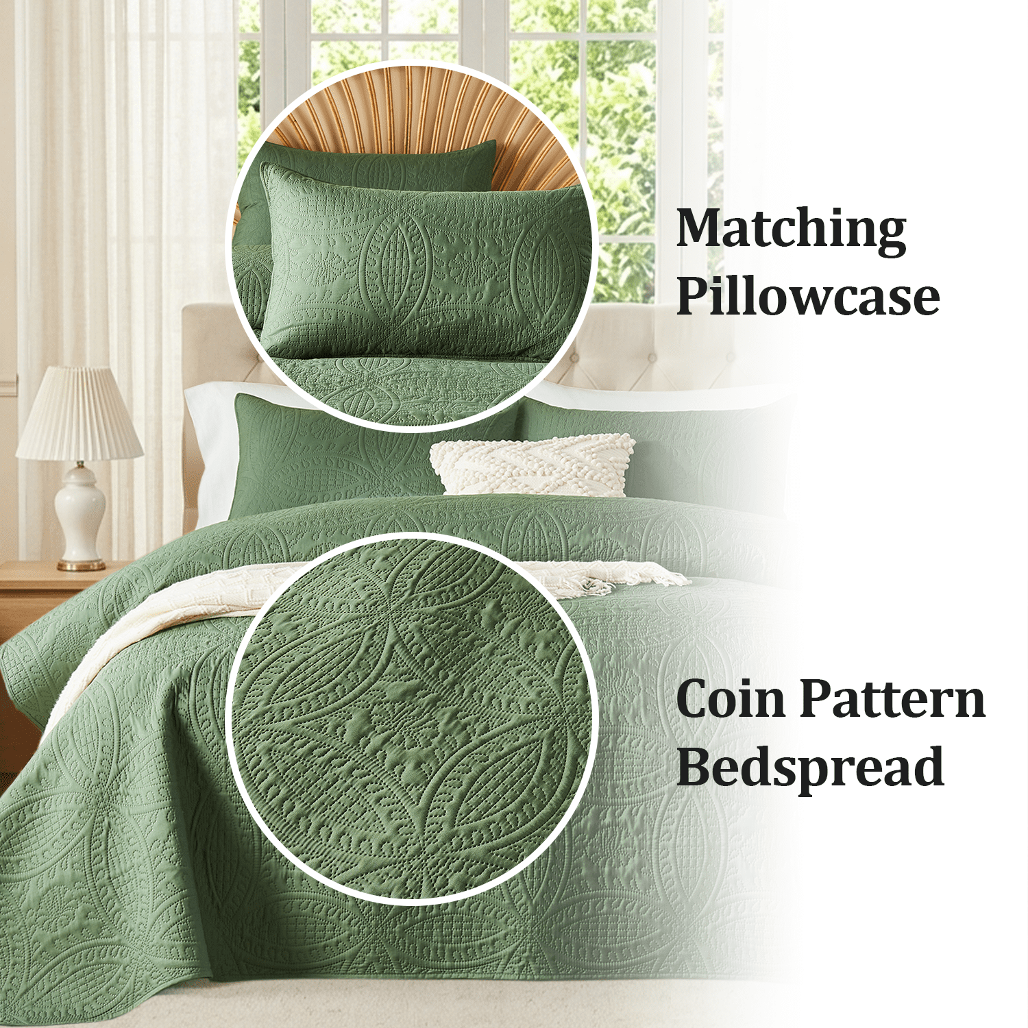 Flymme Dark Green Bedspread for Queen Size Beds,3 Piece Soft Thin Quilt Bedding Set with Pillow Sham Modern Coin Pattern Coverlet for All Season