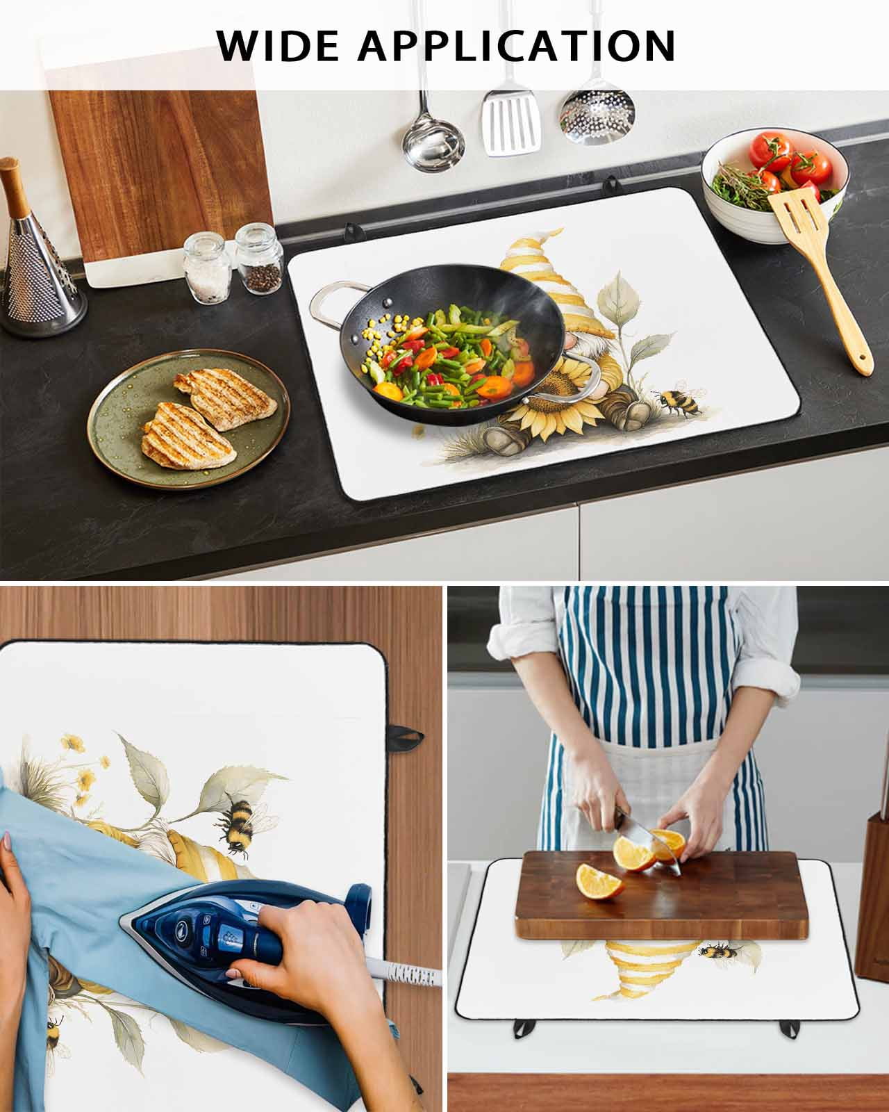 nqOlkjepod Large Induction Cooktop Protector Mat 24"x21", Yellow Gnomes Stove Top Covers for Electric Stove, Sunflower Bee Vintage Abstract Artwork Stove Burner Cover Mats, Glass Top Stove Cover