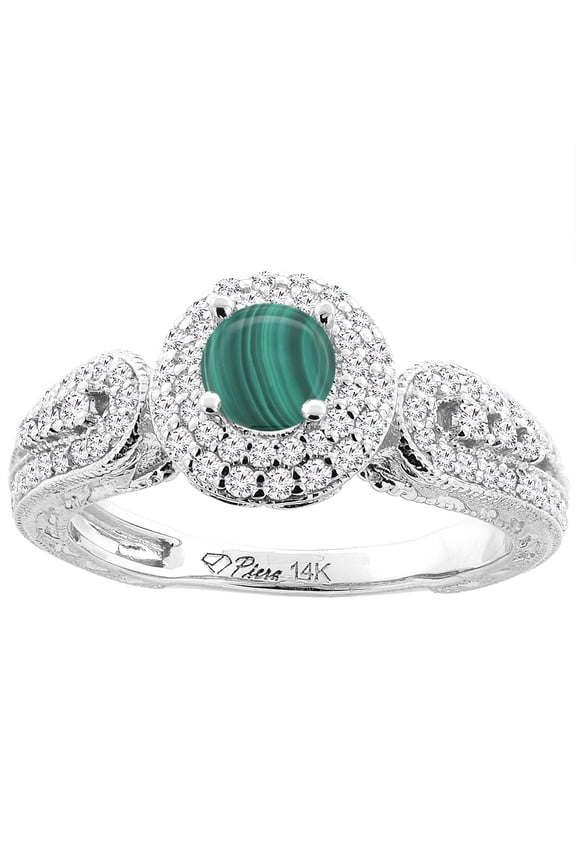 14K White Gold Natural Malachite & Diamond Halo Ring Round 5 mm, size 10
