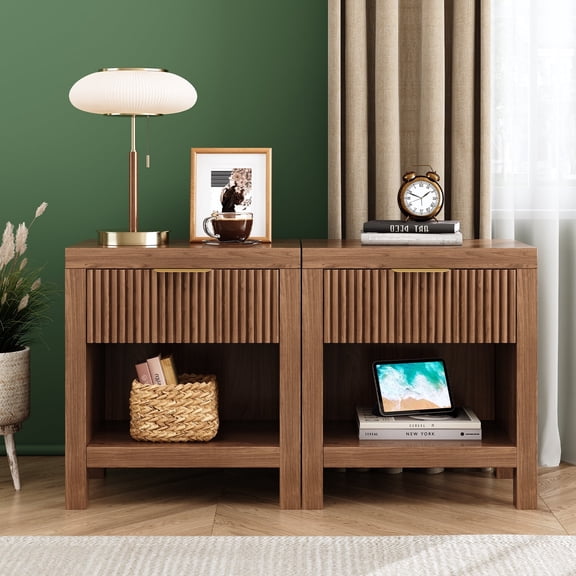 Nightstand Set of 2, End Table with 2 Drawers, Modern Bed Side Table with Storage, Farmhouse Fluted Cabinet Bedside Cabinet for Bedroom Living Room Sofa Couch Office (Walnut)