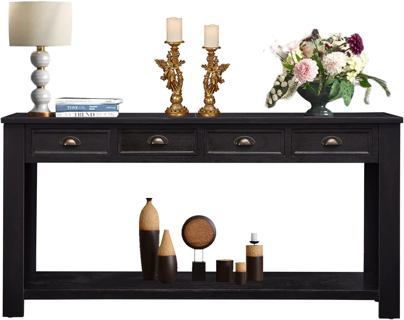 Kinbor 60” Long Console Table, Entryway Table with 4 Drawers & Storage Shelf, Black