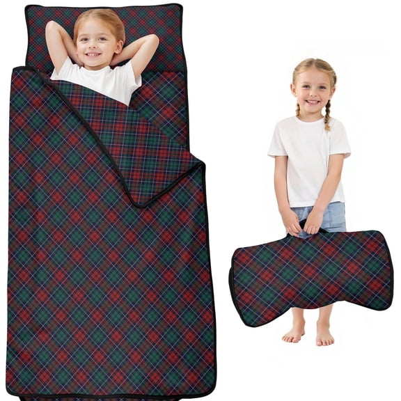 Green and Red Christmas Plaid Pattern Toddler Nap Mats for Kids Preschool,50"x20" Sleeping Mat Bag or Kids,Toddler Sleeping Bag,Toddler Nap Mat or Daycare