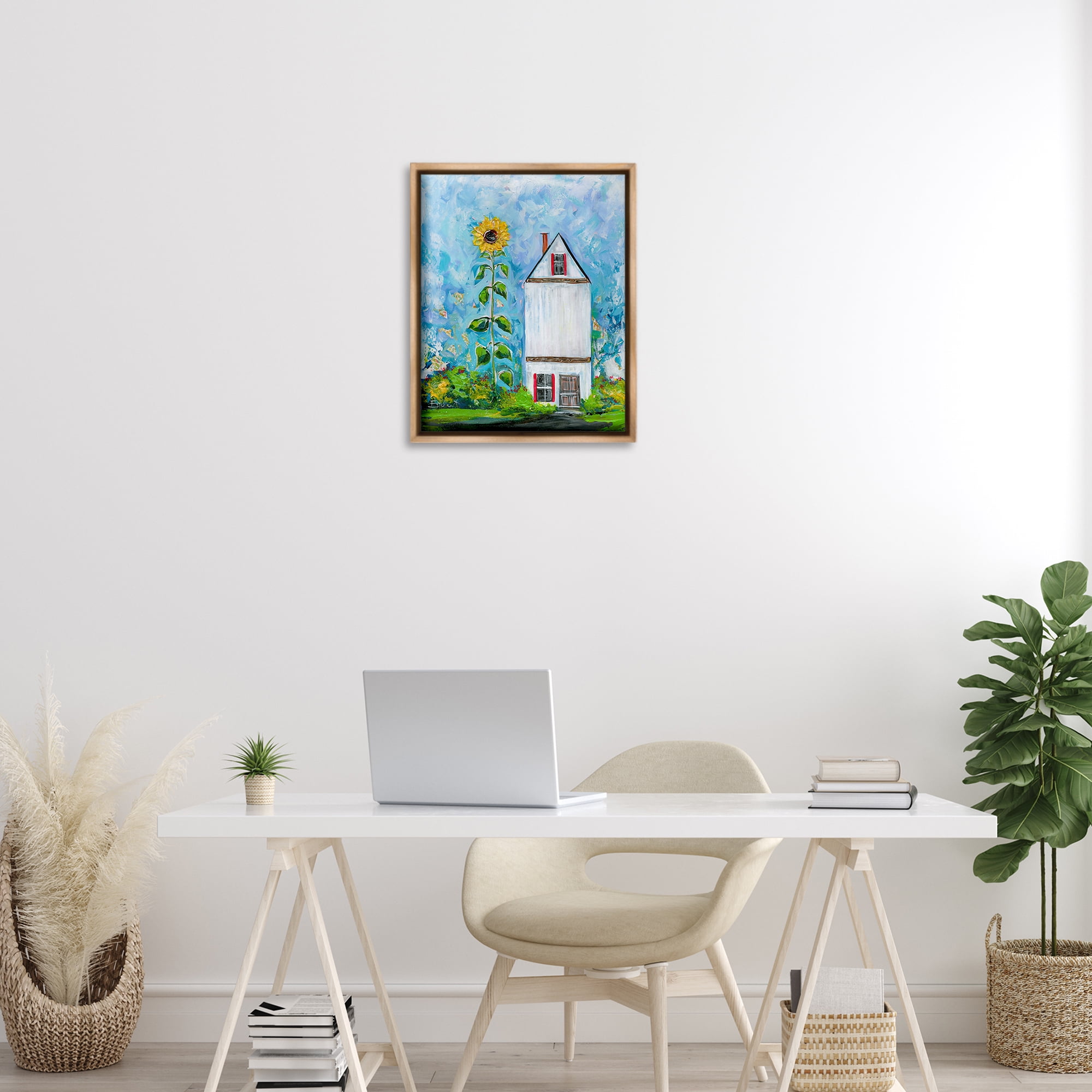 Stupell Industries Giant Sunflower & House Landscape & Nature Painting Brown Floater Framed Canvas Art Print Wall Art, 17 x 21