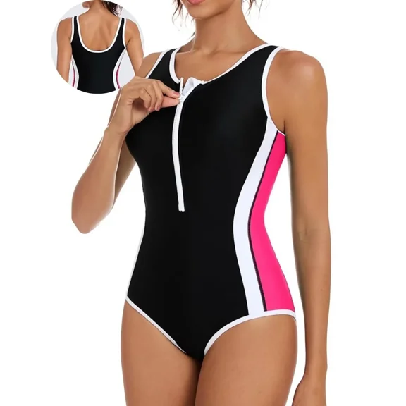 ANFERRY One Piece Athletic Swimsuit Women Slimming Color Block Bathing Suit Zipper Front U Back Training Swimwear for Women