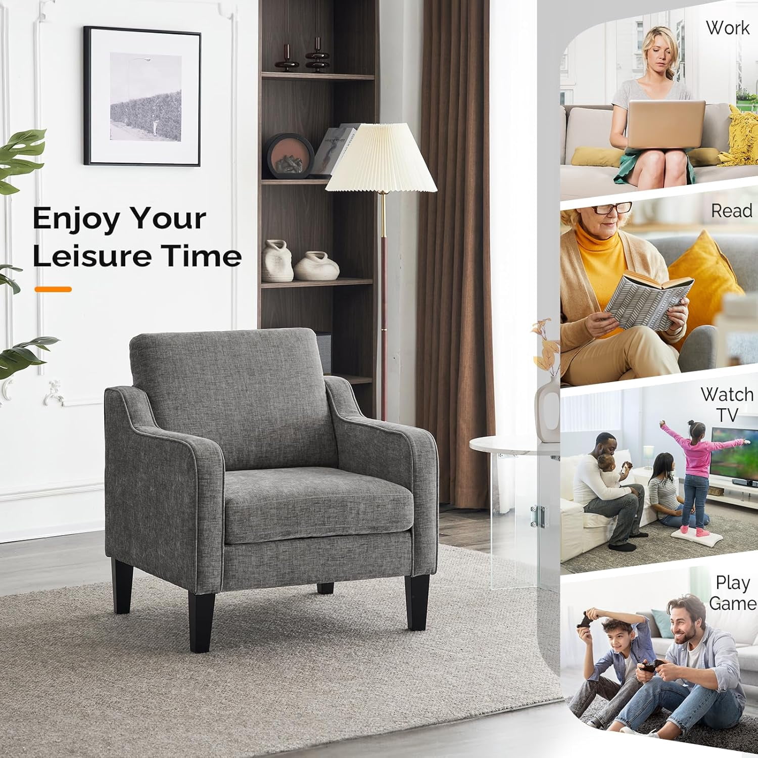 Matladin Chenille Fabric Accent Chair with Scooped Arms, Mid Century Modern Upholstered Armchair, Single Sofa for Living Room, Apartment, Office