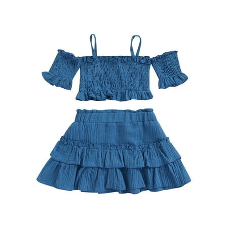 

CenturyX 2PCS Toddler Kids Girls Outfit Solid Short Sleeve Sling Off-Shoulder Ruched Tops Mini Ruffle Skirt Summer Child Girl Set Blue 3-4 Years