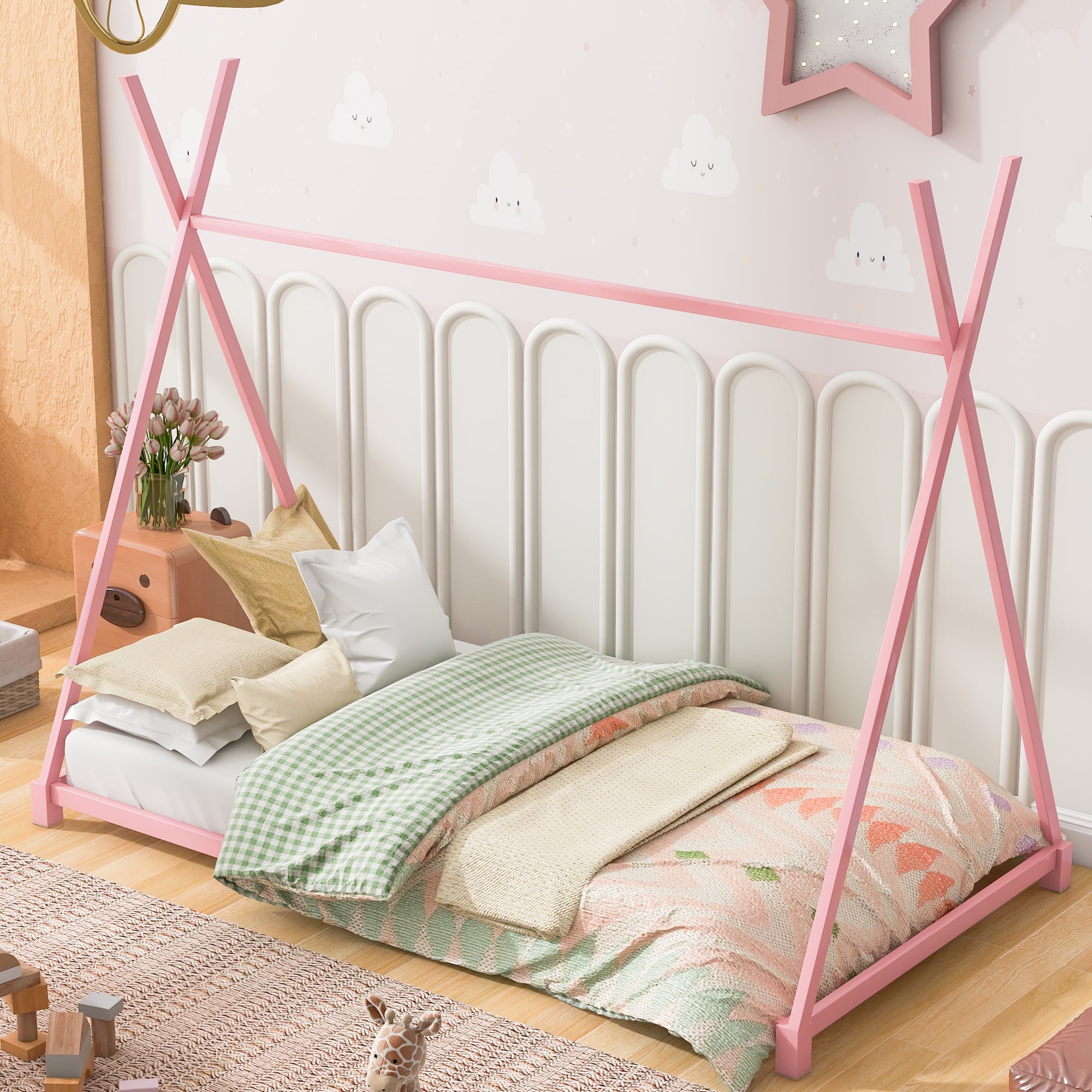 Yoneston Kids Wood Twin Size Platform Bed, Canopy Tent Bed for Living Room Bedroom, Pink