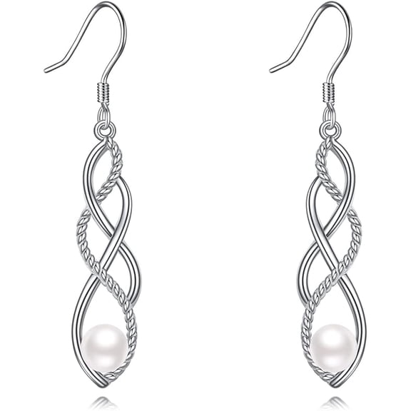 MYSTICPOEM Pearl Earrings for Women 925 Sterling Silver Irish Celtic Knot Drop Dangle Earrings Leverback Jewelry Gifts (silver)