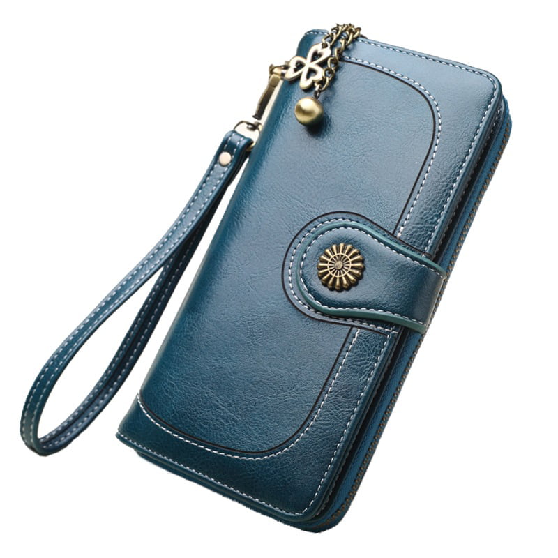 Womens Wallet RFID Blocking Genuine Leather Wallets for Women with ID Window Small Purse Blue