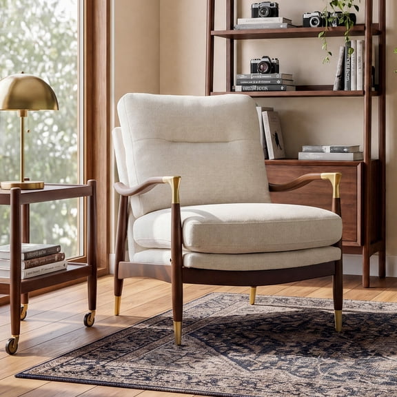 COLAMY Mid Century Modern Accent Chair with Solid Wood Frame, Upholstered Armchair with Brass Accents & 5.9" Thick Cushion, Comfy Reading Lounge Chair for Living Room Bedroom, Beige