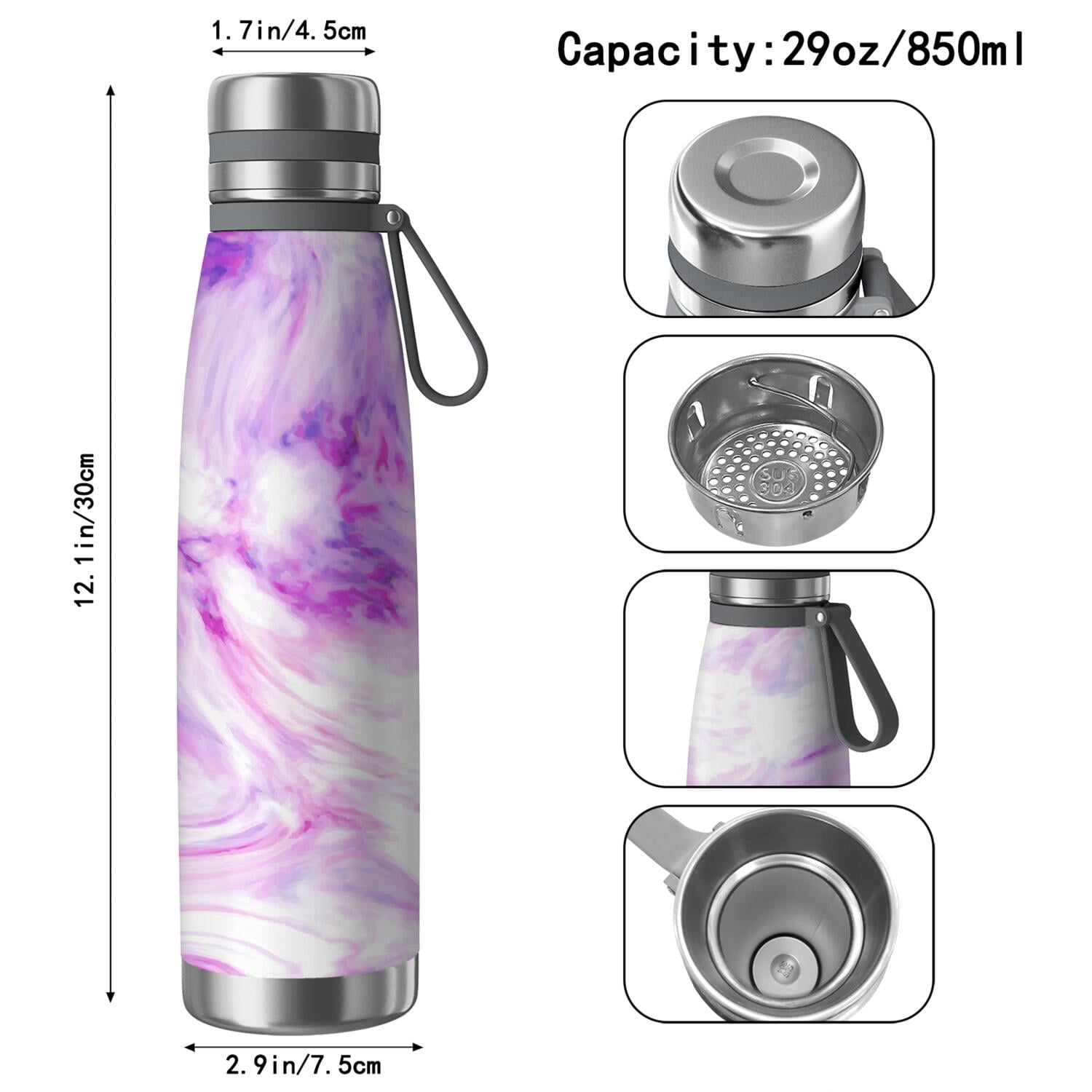 29oz Insulated Water Bottle with Tea Infuser, Stainless Steel Travel Mug, Liquid & Marble Print