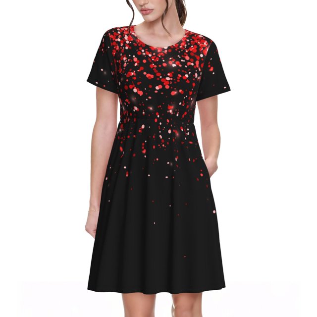 Easygdp Red Glitter1 para Vestido Transpirable de Mujer, Vestido Suelto de Manga Corta con Pliegues y Bolsillos para el Verano