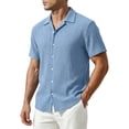 thumbnail image 2 of COSFO Beach Men Button Down Shirt Summer Blue Short Sleeve Shirt Vacation Casual Loose Fit Collared Shirts for Men L, 2 of 9