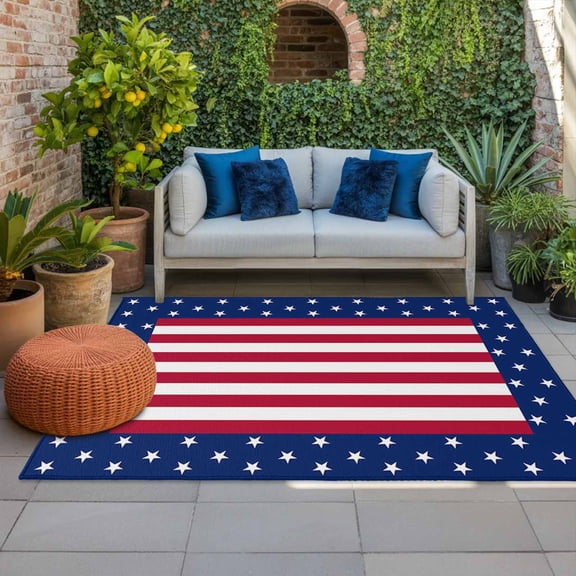 4th of July Outdoor Rug 3x5 ft American Flag Outdoor Large Area Rug Non Slip Rubber Red Stripes Front Door Mat RV Rug Carpet Patio Outdoor Rugs for Backyard Balcony Deck Porch Indoor