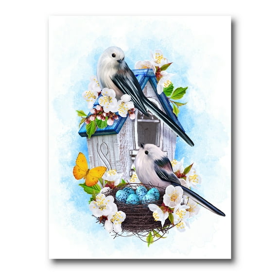 Designart ' Two Tit Birds Sitting Near The Nest With Eggs and White Flowers II ' Traditional Canvas Wall Art Print