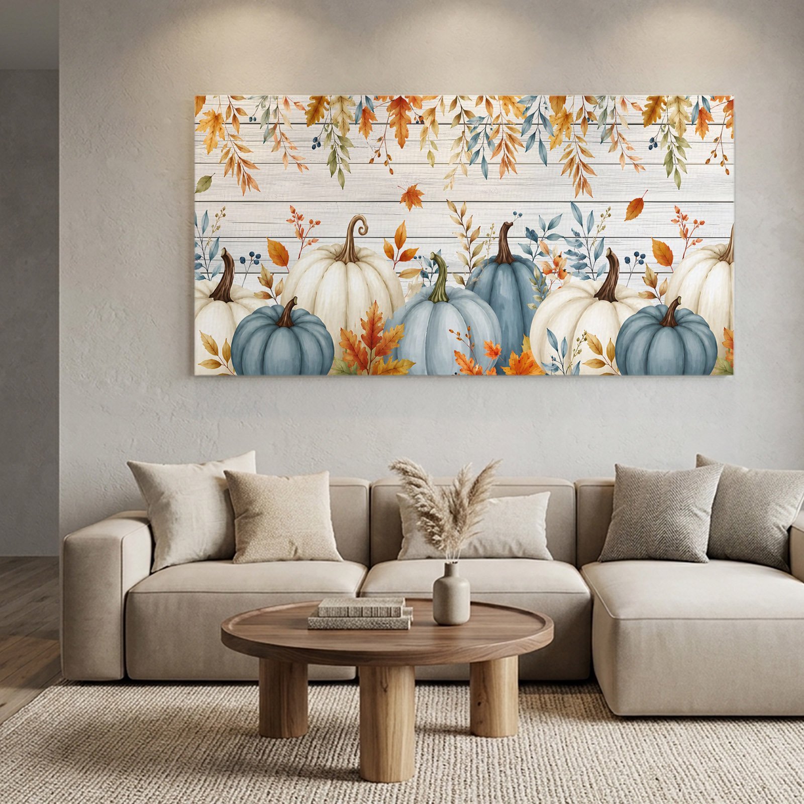 Thanksgiving Fall Canvas Wall Art Teal Cream Pumpkin Maple Leaf Country Wood Grain Wall Art Prints Artwork Framed Canvas Ready to Hang Art Pictures for Living Room Villa Entrance Lobby 40 x 20