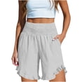 thumbnail image 5 of Women's Solid Color Casual High-Waist Elastic Waist Pocket Shorts with Ruffled Wrap Detail, Soft Polyester Shorts for Women, Summer Beach Vacation Outdoor Yoga Workout | UKHCCC,White L, 5 of 8