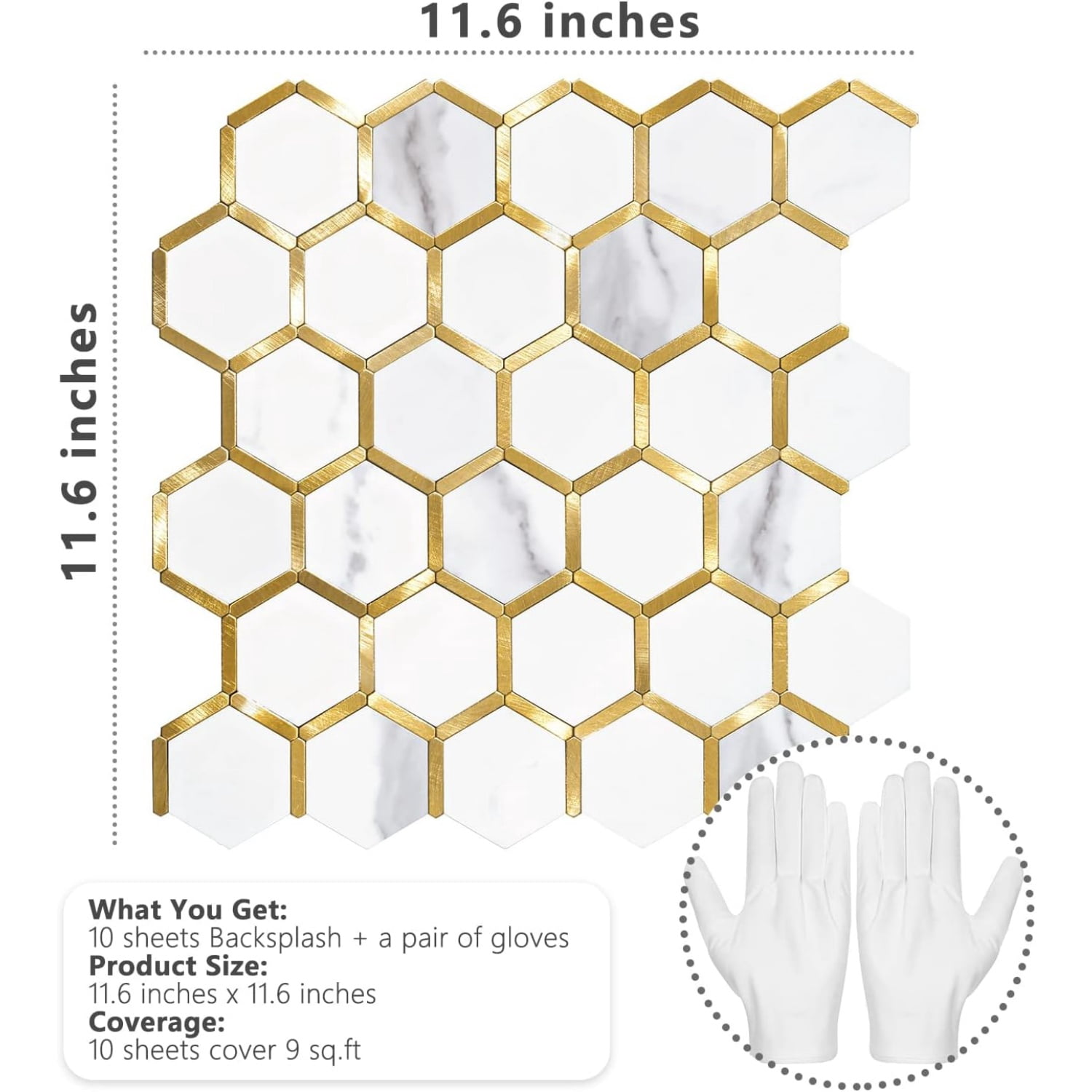 10-Sheet Hexagon Tile Peel and Stick Backsplash, White Marble Look PVC Mixed Golden Metal Mosaic Tiles for Kitchen and Bathroom