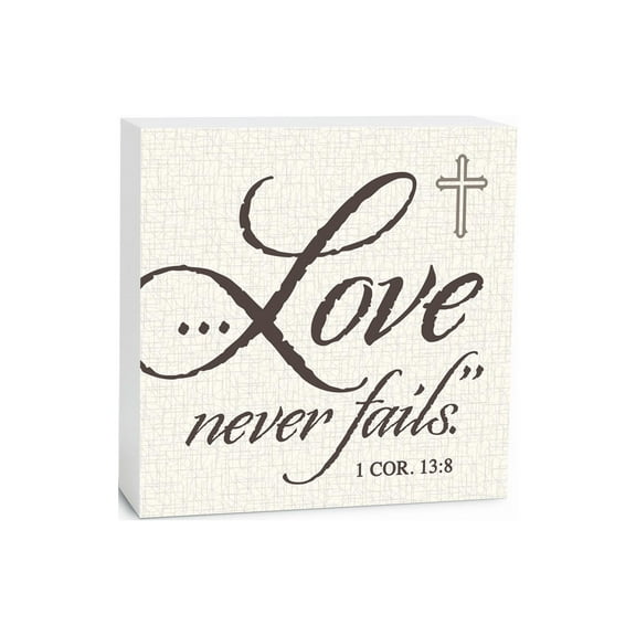Love Never Fails Cream Crinkle Cross 5 x 5 Wood Tabletop Sign Plaque