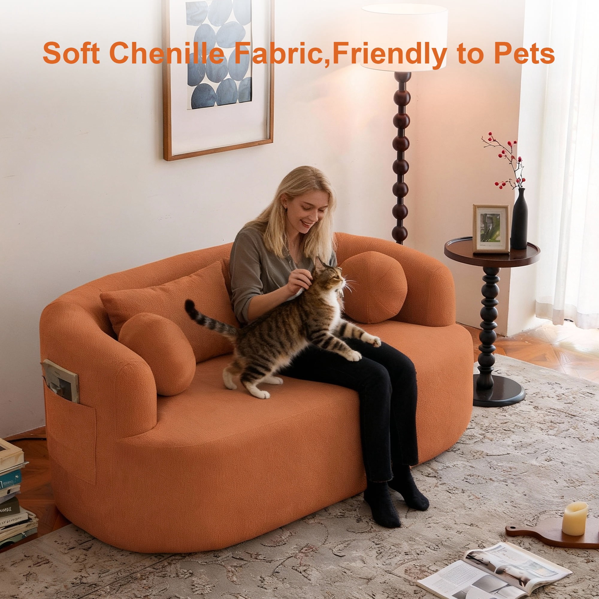Loveseat Sofa-in-a-Box, 67" Chenille 2-Seater Couch with Deep Seats, 32D High-Resilience Foam, No Assembly Required, for Living Room, Small Space, Orange
