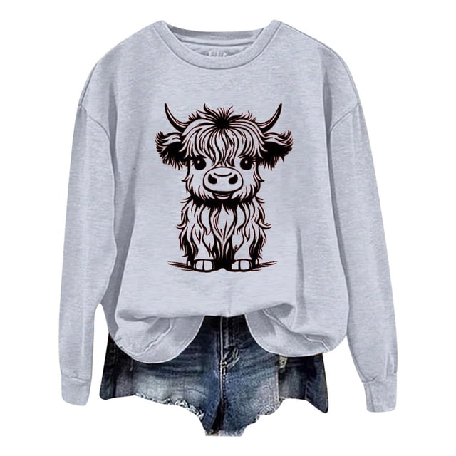 WEAIXIMIUNG Chandails en Molleton à Col Rond pour Femmes, Designs Mignons, Chandail en Molleton d'Automne et d'Hiver 2025, Col Rond, Mode Imprimé Vache, Manches Longues, Mode Décontractée, Haut de Sortie