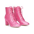 thumbnail image 4 of BLISSFUL STEP Women's Ankle Boots Chunky Heel Lace Up Side Zip Square Toe Party Boots Pink 7, 4 of 6
