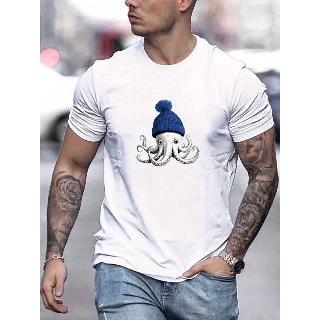 Men's Octopus with Blue Beanie Graphic T-Shirt - 100% Cotton Crew Neck Short Sleeve Tee, Solid Color Basic Casual Summer Top with Slight Stretch Knit Fabric