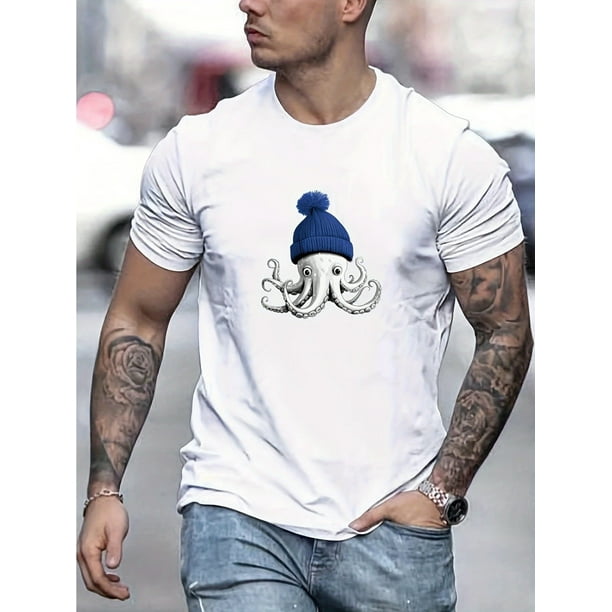 Men's Octopus with Blue Beanie Graphic T-Shirt - 100% Cotton Crew Neck Short Sleeve Tee, Solid Color Basic Casual Summer Top with Slight Stretch Knit Fabric, Casual Sporty Tee, Summer Gifts