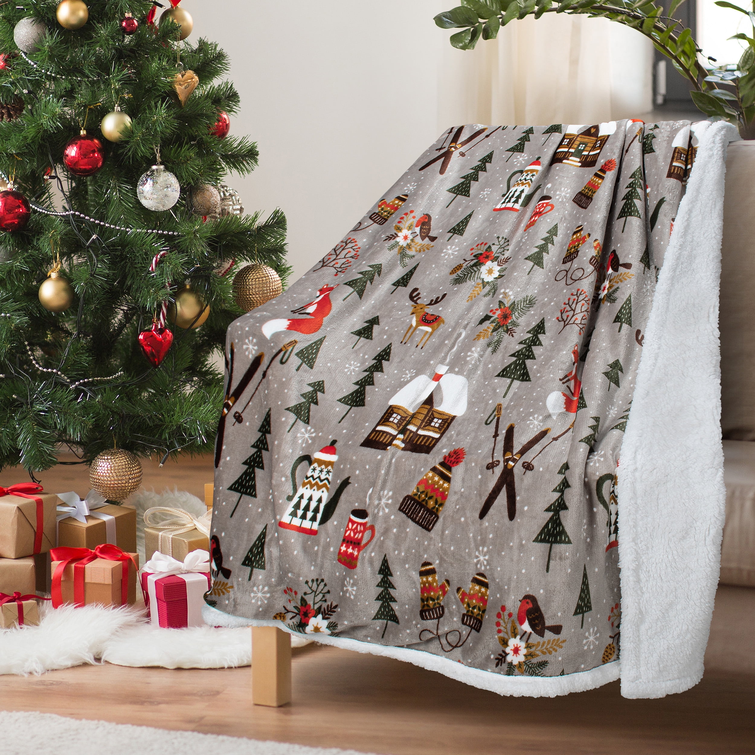 Christmas Throw Sherpa Blanket 50" x 60" Winter Grove Pattern, Super