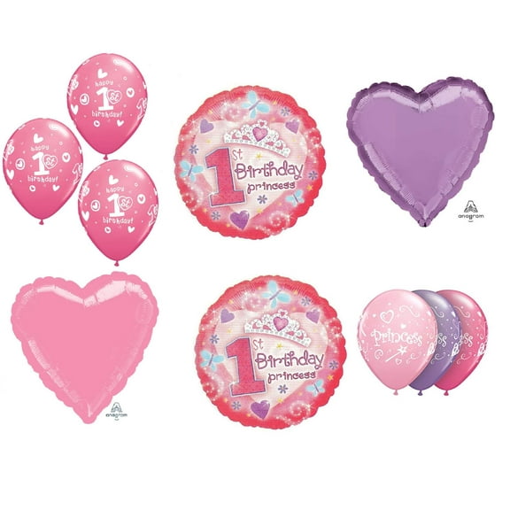 First 1st #1 Princess Pink Purple Happy Birthday 10 Piece Balloon Bouquet Party Decoration