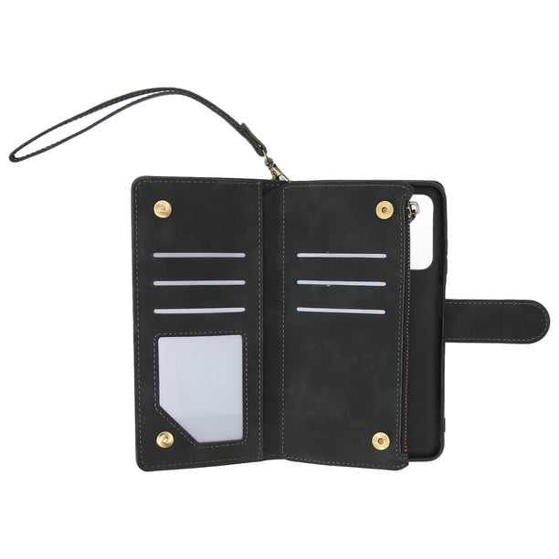 Funda tipo billetera con tapa de piel sintética, funda protectora tipo billetera con tarjetero y cremallera para A03S, color negro