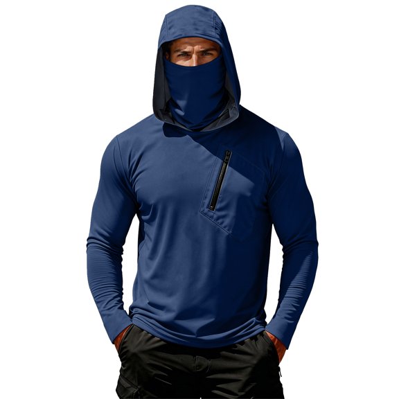 Men's UPF 50 Sun Hoodie Long Sleeve Hooded Fishing Shirt Solid Pullover Cooling Ice Silk Breathable Quick-Dry Moisture Wicking 4-Way Stretch for Commute Fishing Hiking Navy M