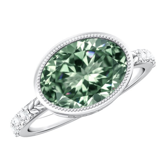 Rosec Jewels Lab Grown Green Diamond Oval Engagement Ring 3 Carat - IGI Certified - VS1 Quality - East West Style Big Diamond Ring, 925 Sterling Silver, US 4.00