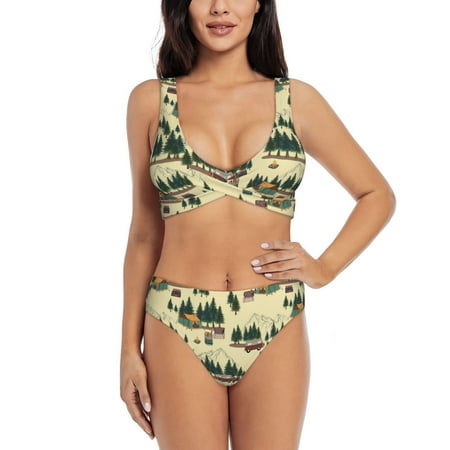 Zeuib Camping Caravan 1 High Waisted Tummy Control Bikini Set - Knot Front Push Up Top & Cheeky Thong Bottom  Two-Piece Swimsuit for Women-Small