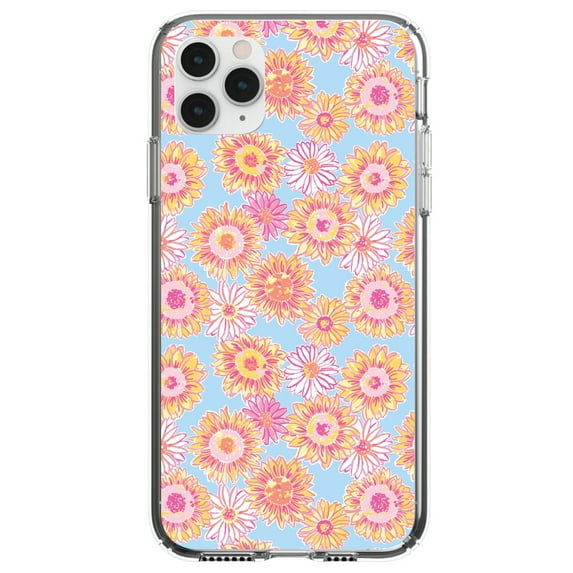 DistinctInk Clear Shockproof Hybrid Case for iPhone 13 PRO (6.1" Screen) - TPU Bumper, Acrylic Back, Tempered Glass Screen Protector - Preppy Pattern - Blue Pink Yellow Flowers Floral