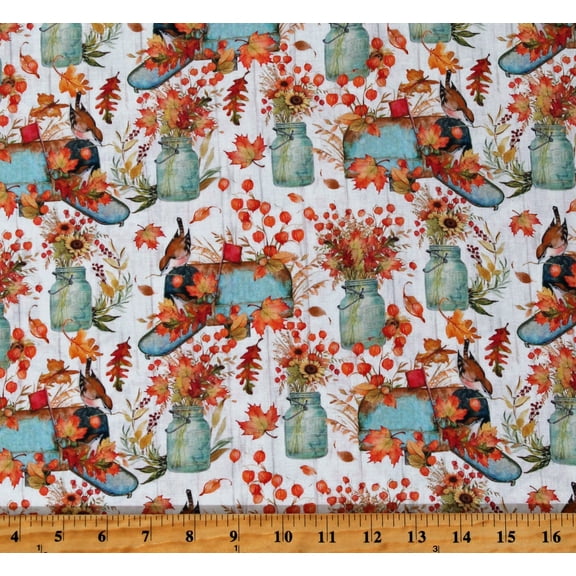 Cotton Sunflowers Fall Leaves Autumn Harvest Mason Jars Mailboxes Cream Cotton Fabric Print by the Yard (77357-G550715)