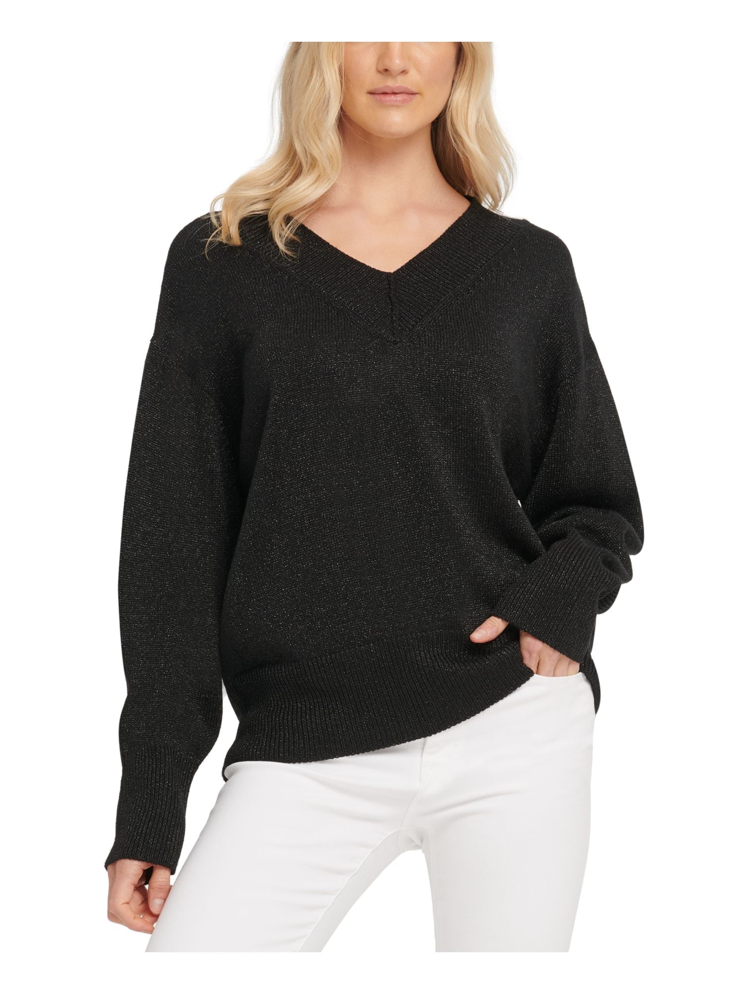 Sweater Neck Long Sleeve Top Womens Black Deep V