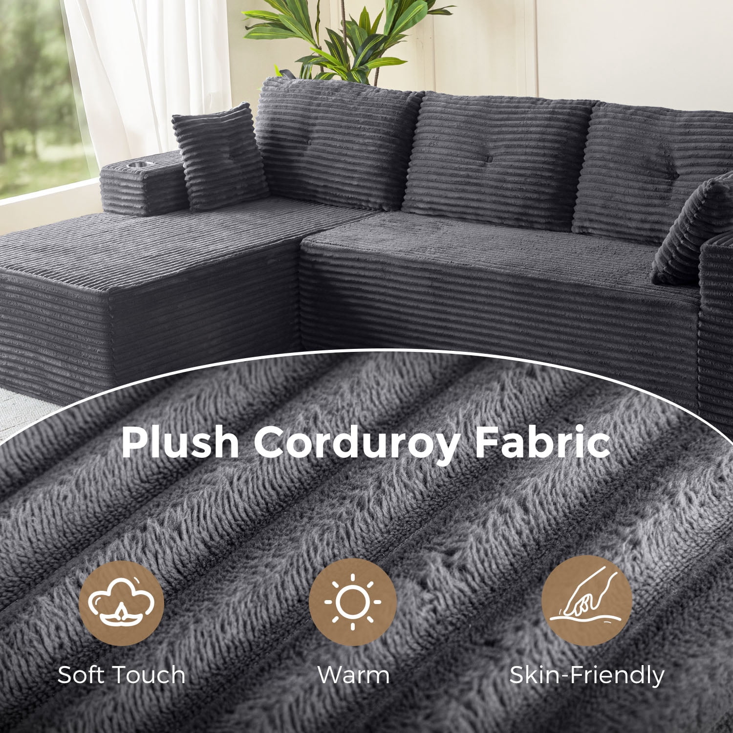 BYBYME 104" Cloud Sectional Couch with L-Shape Chaise Modern Comfy Modular Plush Corduroy Sofa for Living Room, No Assembly Required, Left Facing Chaise,Dark Grey
