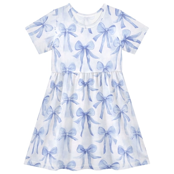 joogoo Watercolor Bow Blue Girls' Short Sleeve Dress Kids Dresses 5-6T